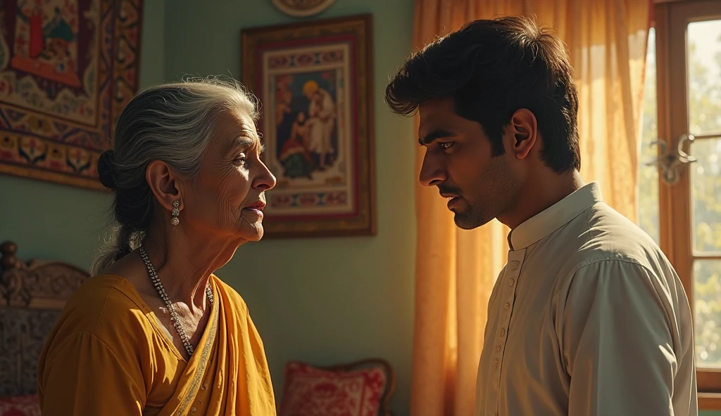 Design a scene in which Arjun is getting dressed in a crisp white kurta-pajama in front of a mirror. Include his grandmother gently combing his hair. The room should be simple but detailed, with traditional Indian decor, like wall hangings and a low bed with a handwoven cover.3d animation cinematic render