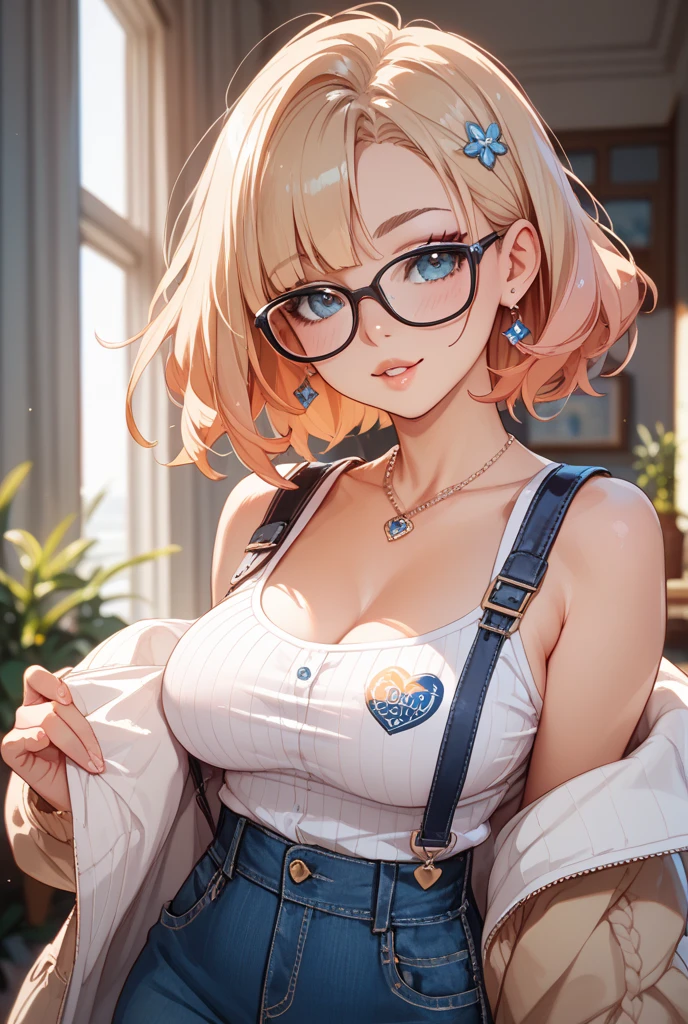 detailed illustration ,dynamic angle, ultra-detailed, detailed eyes, detailed face, 1girl, shy, sitting at a desk, blonde, short hair, medium breasts, cleavage, blue blouse, short black skirt, blue eyes, glasses, smiling, braless