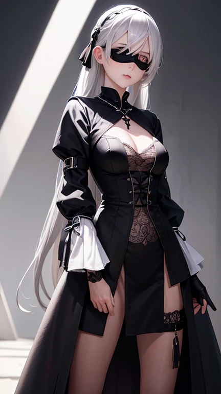 Nardack,RAW, (intricate detailed), 1girl, solo, pale skin, expressionless, (Black Corset Strap cotton Dress:1.1), white Long-Sleeve Layered Collar Plain Shirt + Neck Tie +Suspender A-Line Skirt, black pantyhose, hghheels, The strap is slimming the waist, (dark fantasy:1.2), (last boss:1.25), white horror theme, grandeur, ((marvelous illustration)), (detailed splash),انمي رجل على كرسي خلفه تنين