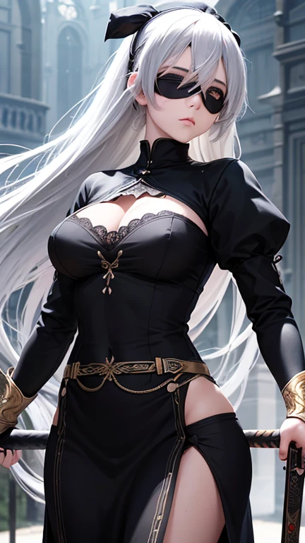 1girl, anime, cute girl, blank background, white background, fantasy, detailed dark fantasy dress with highlights, beautiful face, beautiful eyes, dark colors, silver hair, medium breasts, slight cleavage, beautiful skin, cute, breast curtains, extremely delicate and beautiful, (beautiful detailed face:1.0), (detailed deep eyes), symmetrical breasts, deep eyes, shiny skin, portrait, slender waist, hips wider than shoulders, thighs, young girl, expressionless