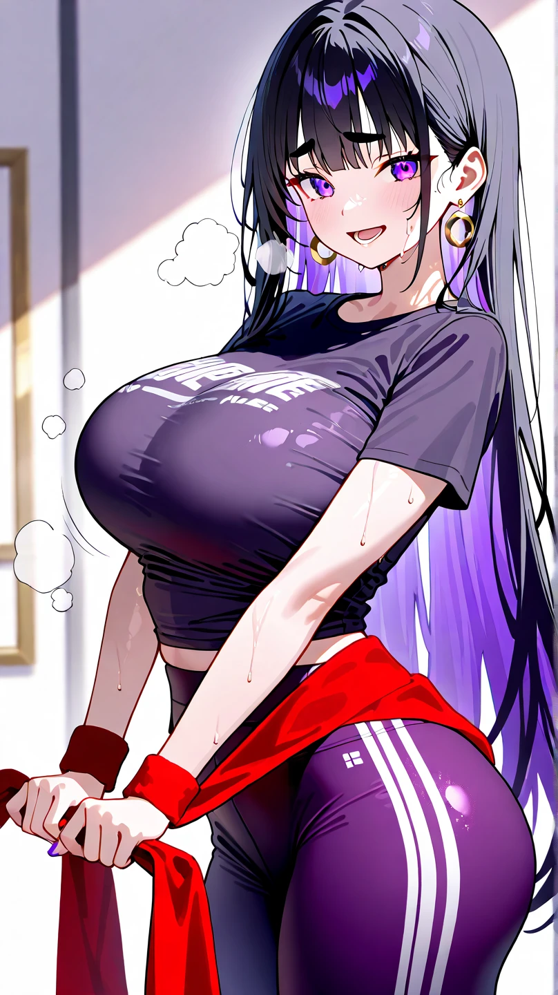 score_9, score_8_up, score_7_up, score_6_up, score_5_up, score_4_up, 1girl, Raiden Shogun,purple hair, braid, large breasts,,collarbone,looking to the side, embarrassed, floox style,jacket,, open clothes, open jacket, purple jacket, purple track suit,, sportswear, standing, steam, steaming body, sweat, sweatdrop, track jacket, track pants, track suit, nipple slip, V, rating_explicit, , high resolution,, deep breath, , head out of frame, closed mouth, grey background