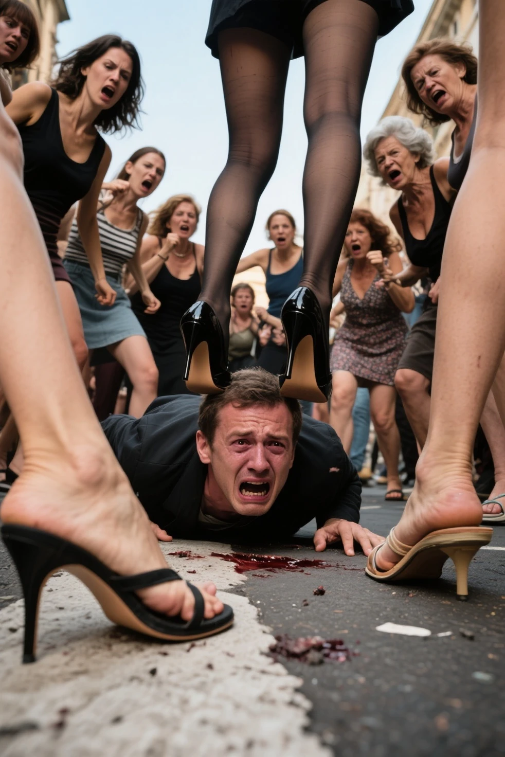 A white woman, with blonde hair, wealthy, arrogant and cruel, dressed in a green miniskirt, a black jacket, and silver high-heeled sandals, tramples on the head of a homeless man with brown skin, malnourished, dirty and poorly dressed who is lying there on the ground.
The woman smokes a cigarette while observing the homeless man lying on the ground. In the background, a dirty street with homeless people lying on the ground watching the woman and the homeless man.
