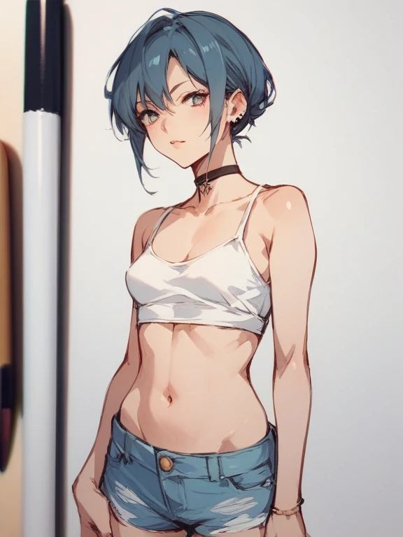 Make a picture of a woman sticking a needle into her navel.