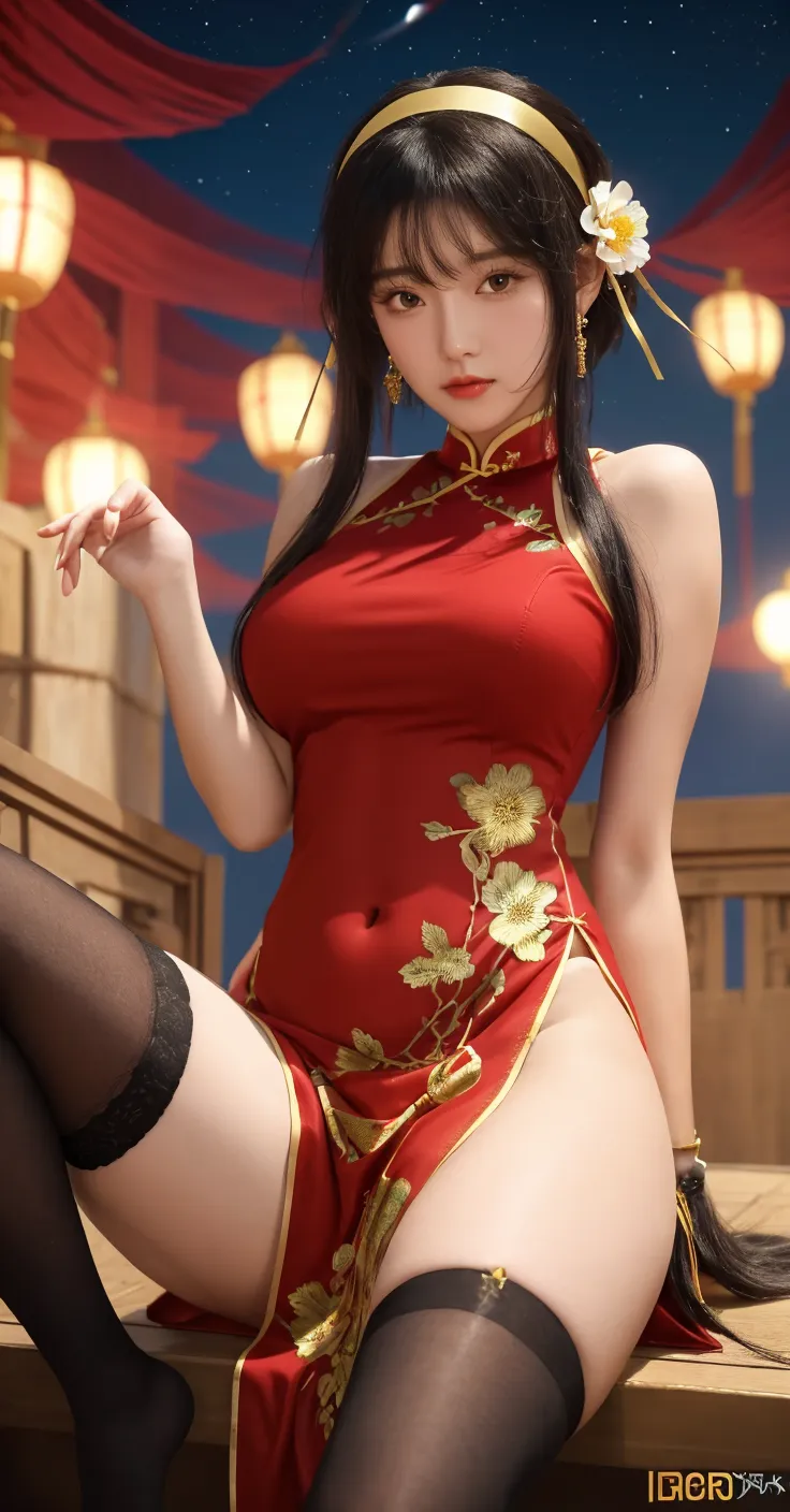 Best quality, (RAW photo: 1.2), (Masterpiece: 1.4), (Realistic: 1.4), (High resolution: 1.4), Chinese actress Gulinazha, depth of field, intricate details, 8k, very detailed, perfect lighting, epic background, big bust 1.3, cheongsam, large open 1.3 ((chest exposed)), perfect legs, red thong ,