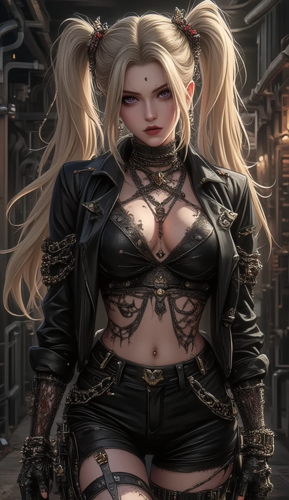 slutty RoYal Vampire with fangs and petite body, small breasts, tattoos and piercings. Sensual Pose, Squatting, Pierced , garter straps. Gold Circlet Crown. Gold Jewelry. See-through-dress. Handcuffs.