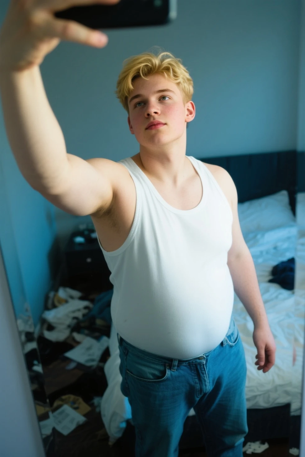 Boy with blue eyes and wavy golden hair, pregnant jeon jungkook (BTS)