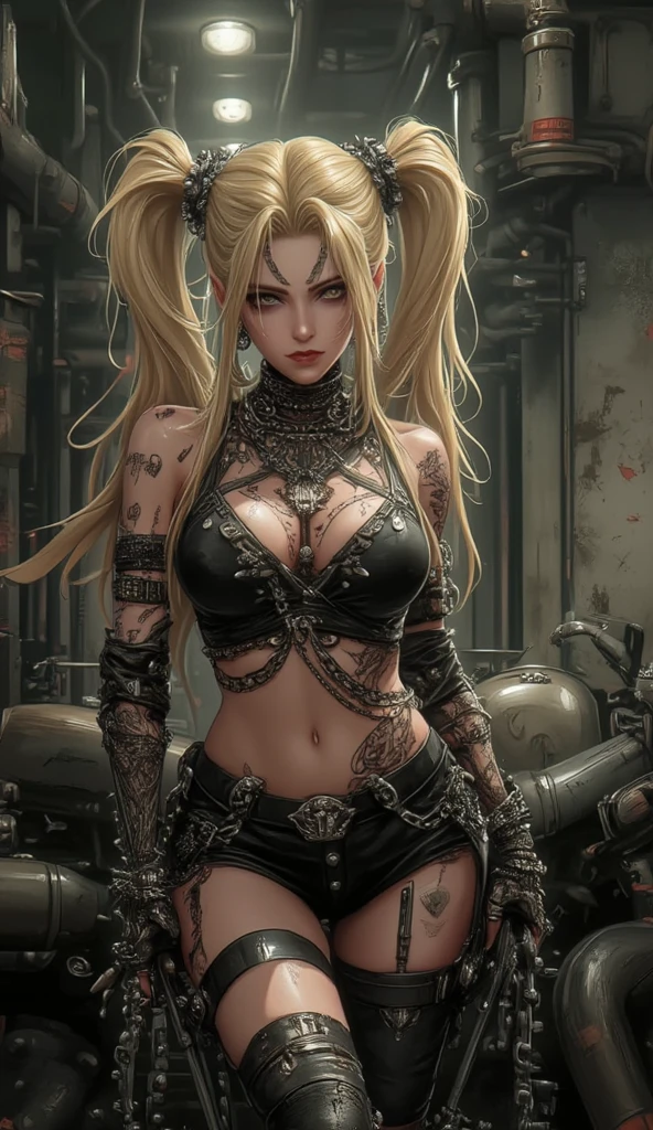 ((21-year-old))) black girl, (((very dark african skin))), (((close up pov full body portrait, sexy seductive slutty pose, ((accentuated super huge enormously gigantic tits, cleavage showing, leather corset lace panties and thigh high boots with lots of straps buckles and zippers))), (((very long wavy curly blonde hair))), (((tons of tattoos and piercings))), lots of african tribal tattoo sleeves, dark fantasy art, post apocalyptic art, Rich, Deep Colours, (intricate details:0.9), (HDR, hyper-detailing:1.2), (natural dark african skin textures, hyper realisitc, anime realistic, light, Sharp), luxurious living room background