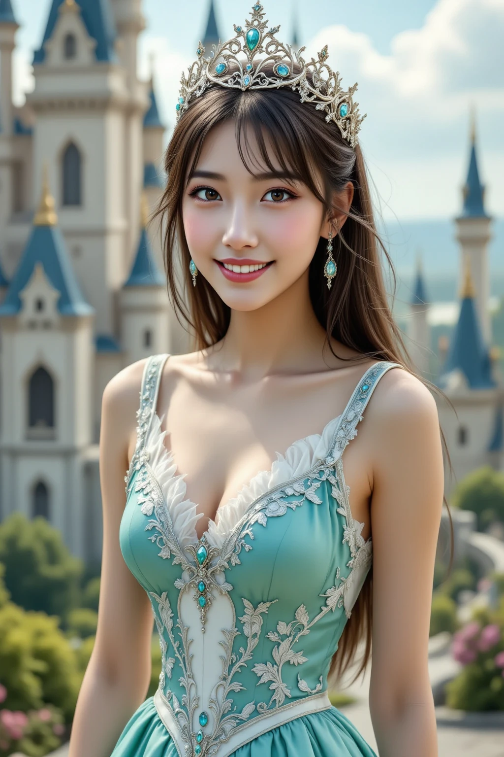 (nsfw), sexy stylish Thai model, only 1 female, ((doll-like appearance)), short Auburn stylish hair, ((shiny Victorian-Style boots)), (big smile), ultra detailed eyes, vivid eye makeup, lipgloss, long lashes, defined eyebrows, ((sexy Paradise Kiss cosplay)), bell-shaped skirt, petticoats, high neckline, puffed sleeves, ((ultra detailed lace)), ((ultra detailed embroidery)), intricate details, Paradise Kiss accessoires and matching headpiece, choker, ((large sparkling Paradise Kiss jewelry)), cinematic light, detailed large park background with trees