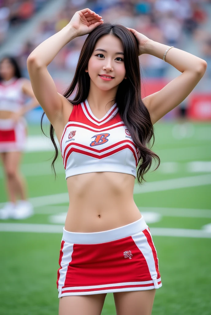 Wearing a cheerleader costume、smile、Straight Hair、Are standing、((Best Quality, 8K, masterpiece :1.3)), Full body、sexy girl with perfect figure :1.4, Slender Abs :1.1, ((Huge breasts :1.2)),Ultra-detailed face and skin