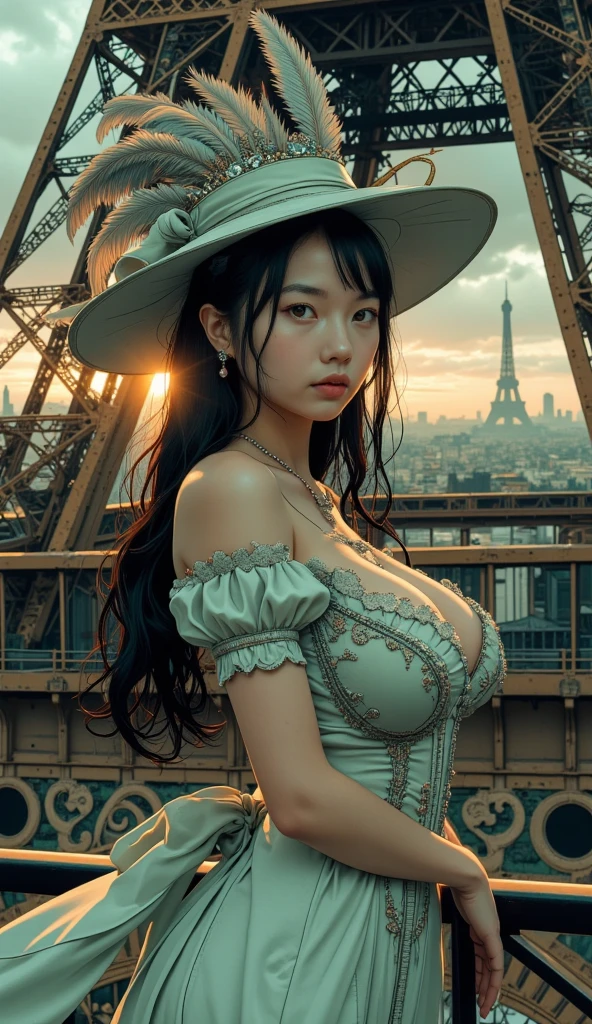 a woman is posing in front of the eiffel tower, wearing skirt, smily face smile on face, huge breast, hot body curves, beautiful flowers, super model, provocative, popular on instagram, goddess, photo of slim girl, photo of slim girl model, princess, beautiful sexy woman photo
