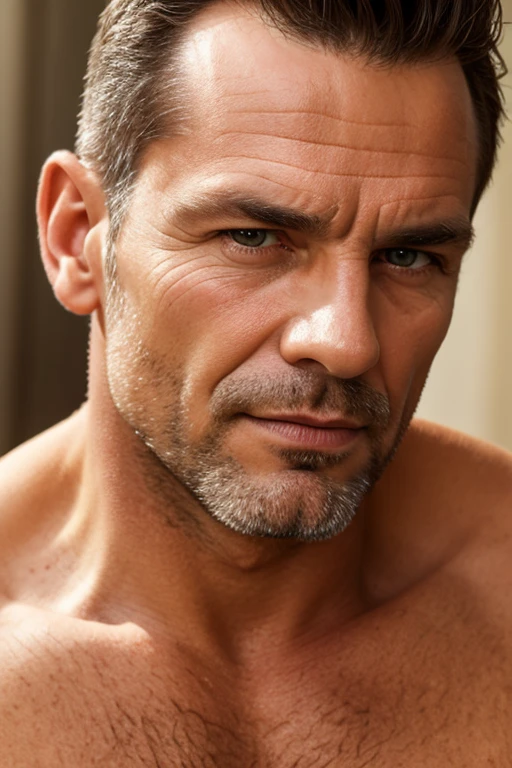 A realistic 40-year-old man with a clean-shaven face and short pubic hair