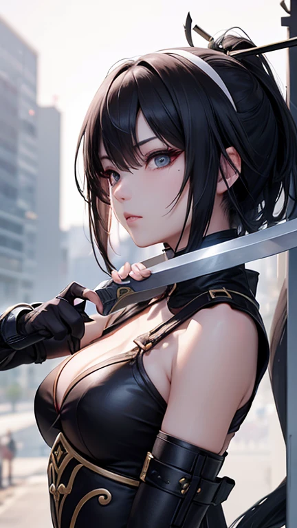 emily ratjokowski, photo portrait,des armes, des tatouages, un vrai personnage de manga