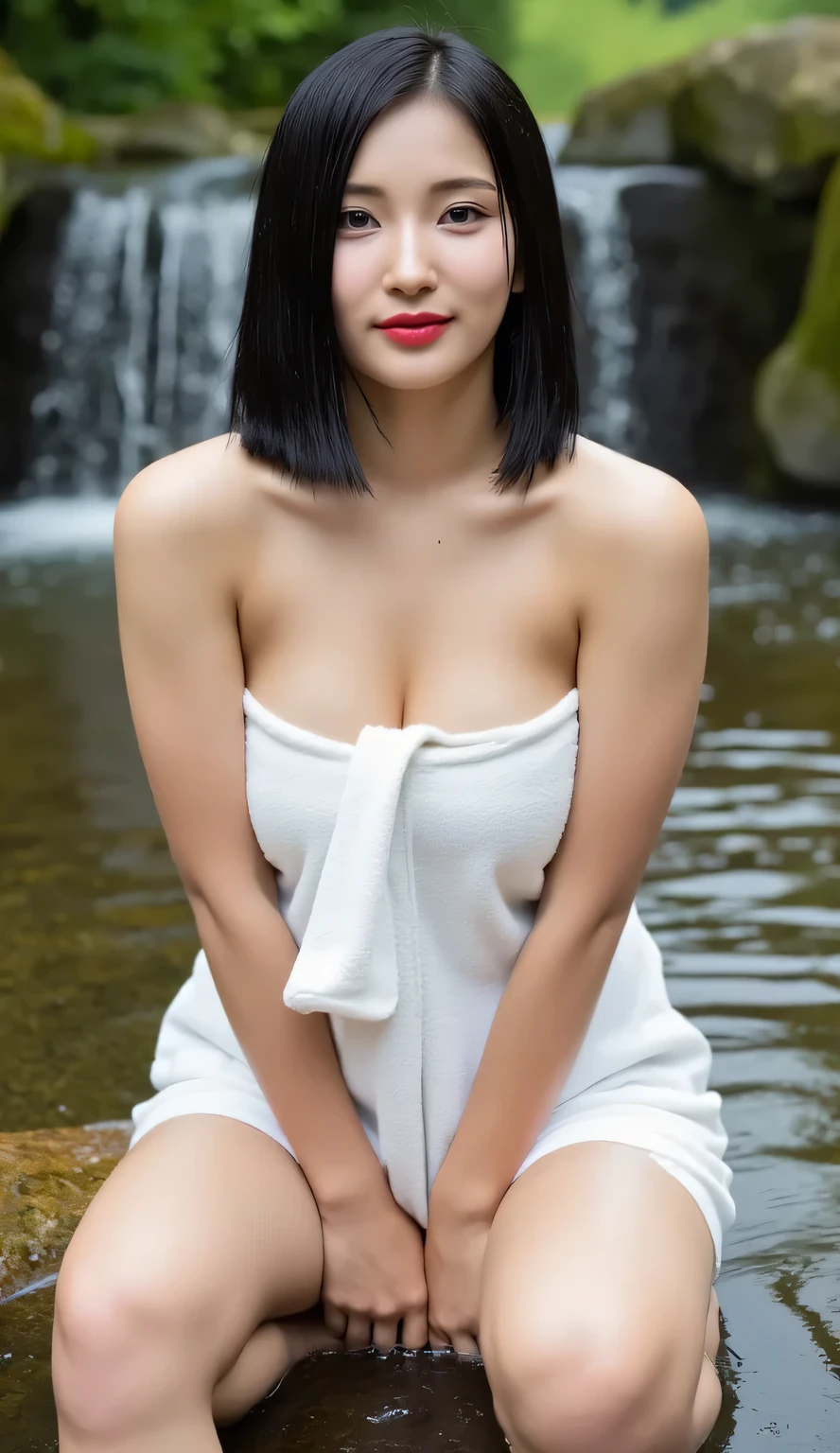 a woman, be on a river in the forest, there is a waterfall with a river flow, river knee-deep, kneeling tight in the stream, shirt looks full body, body facing front, eyes looking at camera , wrapped in wet towel, big size G-cup, thick red lips, horny face, long black hair,