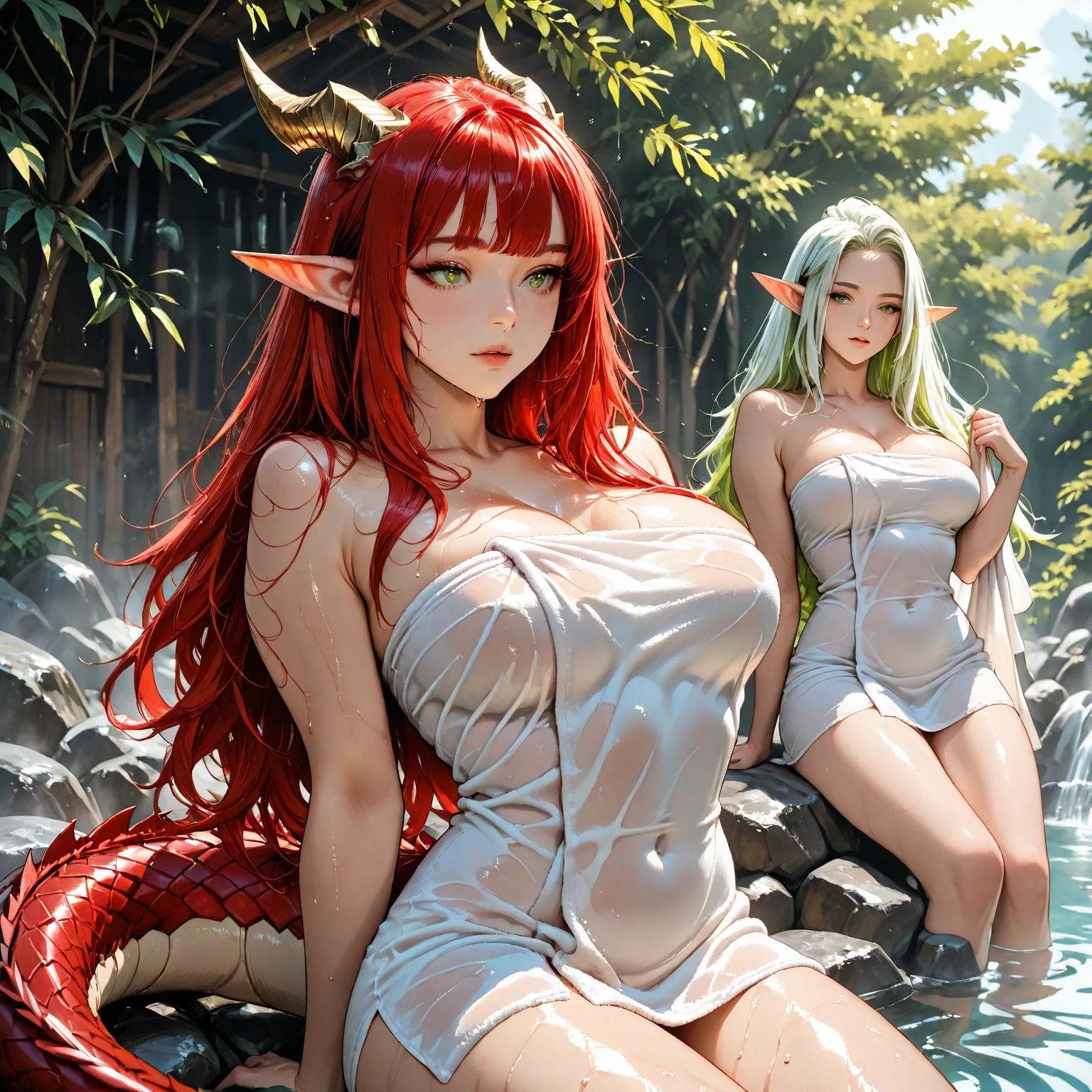 Anime girl. Long red hair. Green eyes Outdoors. Ocean, water. Thunderhead, sunset, lightening bolts, lightening hitting water. Nude, Nudity, ((2:1massive breasts)), visible nipples. Visible vagina. Oozing. 1character. (1girl). wet skin, dripping wet. Freckles. Solo. Alone. Wind blown hair. Sultry expression, sexy pose, kneeling. legs apart. Tan skin, elf ears. Tropical Island. Thunderstorm. raining. Wet hair. Full body, long legs. raining