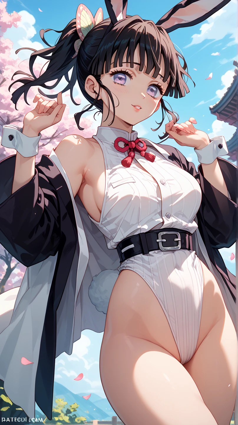 1girl, raidenshogundef, breasts, solo, purple_eyes, purple_hair, navel, cum, looking_at_viewer, swimsuit, sky, sitting, long_hair, bikini, v, large_breasts, pantyhose, outdoors, cherry_blossoms, bangs, braid, hair_ornament, braided_ponytail, blue_sky, thighs, purple_nails, cum_on_body, black_pantyhose, cloud, closed_mouth, shrug_(clothing), smile, bridal_gauntlets, day, underboob, from below
