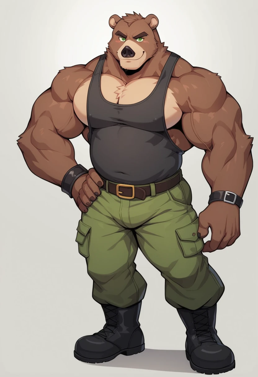 A muscular furry bear with an imposing and charismatic appearance. This anthropomorphic bear combines human and bear characteristics, highlighting his strength and powerful presence.

Physical Characteristics:

Facial features:

Friendly face but with marked and defined features.
Expressive light brown eyes, with a confident and warm look.
Prominent snout with a shiny black nose.
Ears rounded and slightly inclined forward.
body:

Robust and athletic body structure, with clearly defined muscles in arms, Chest and abdomen.
Broad shoulders and an upright posture that highlights your physical power.
Short, dense dark brown fur, with some lighter areas around the chest and belly.
Visible but non-intimidating claws on hands and feet.
Clothes and accessories:

He is wearing a sleeveless shirt that exposes his muscular arms., dark gray.
Military green cargo pants, tight but comfortable.
Durable black boots.
A belt with a large silver buckle.
He wears a leather bracelet on his left wrist..
context:

The background shows a natural environment, possibly a forest, with tall trees and a clear sky.
Sunlight passes through the leaves, creating a play of lights and shadows on the character.
The bear is standing, with one hand on the hip and the other raised in greeting or welcome.
Possible Expression and Attitude:

The bear has a friendly and confident expression, with a light smile that shows his approachable nature despite his imposing appearance.
Body posture reflects confidence and openness, suggesting that he is protective and friendly.