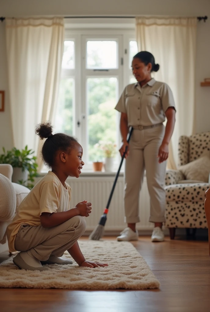 Drawing Tall, thin black woman with short curly hair With a black baby hanging from her mother&#39;s hair Colored image With a broom in her hand cleaning the house