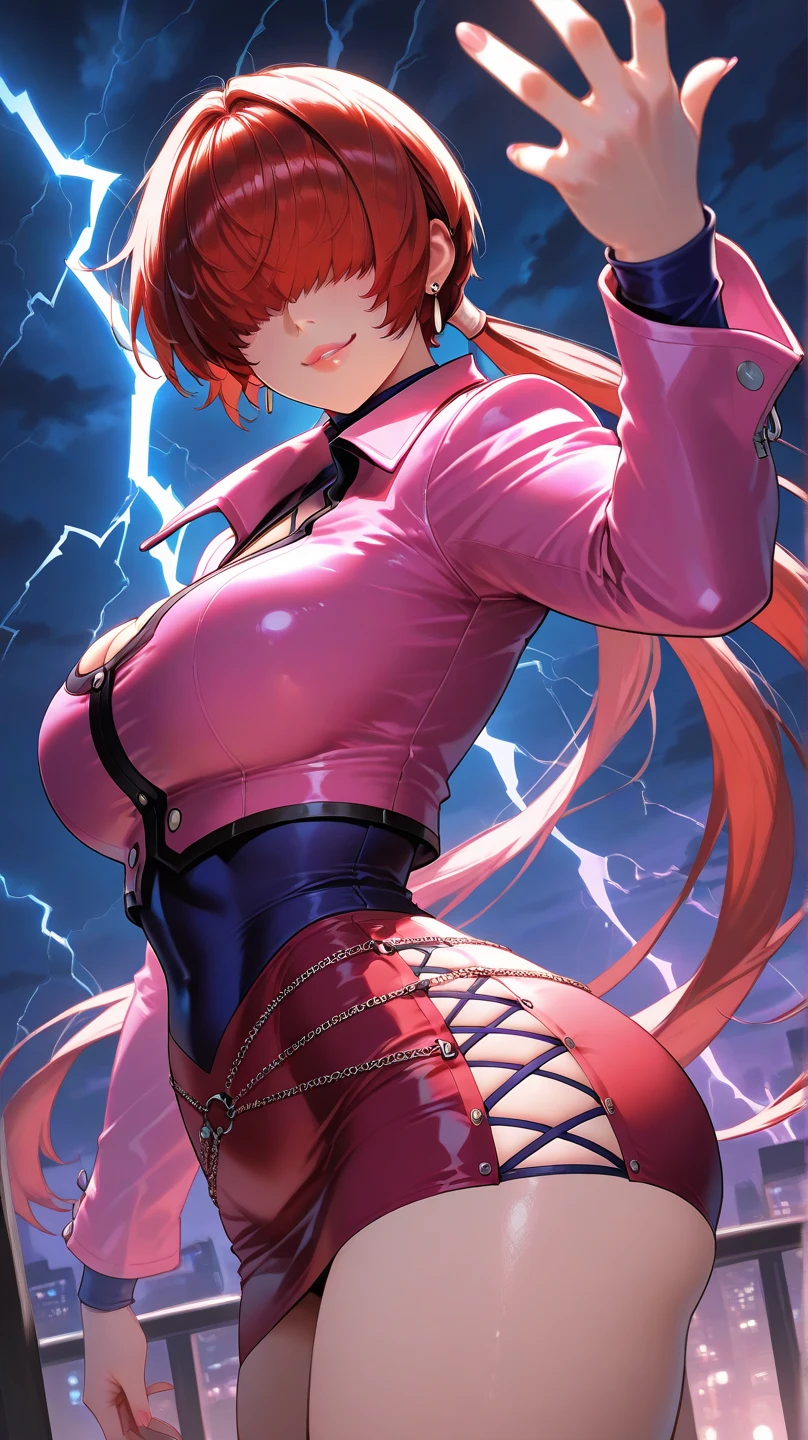 (masterpiece, highest quality, ultra high res, ultra detailed:1.3), 1 cute girl, ideal ratio body proportions, big breast, slender, full body, red long hair, low ponytail, (bangs covered both eyes completely, hair over both eyes:1.4), white tight leather mini skirt, purple turtleneck shirt, (cleavage cutout:1.3), BREAK, white leather jacket, open jacket, white leather boots, standing, she1, (panties visible:1.4), dynamic pose, cameltoe, clothes covered nipples, 