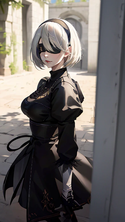 yorha no. 2 type b, 1girl, blindfold, breasts, cleavage, cleavage cutout, clothing cutout, hair between eyes, hairband, highres, juliet sleeves, long sleeves, nier (series), nier automata, oni gini, puffy sleeves, red lips, shaded face, short hair, solo, turtleneck, upper body, white hair, short hair, <lora:yorha_noDOT_2_type_b:0.65>, detailed background, city ruins, destroyed buildings
<lora:oniharigusa62_v10:0.9>