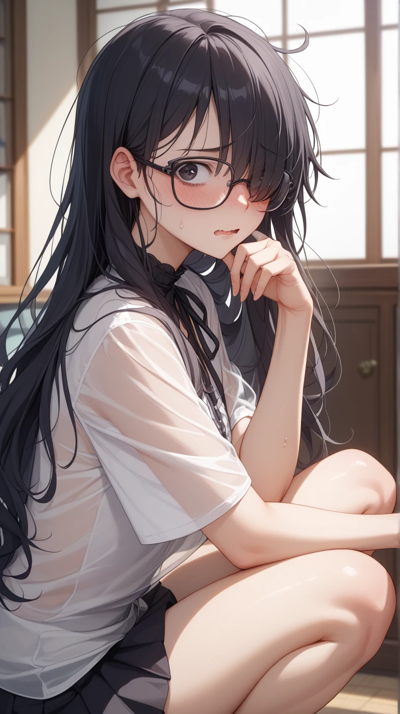 summer、An empty school classroom、thick、Sweat、、high school girl、Student Bags、、Low length、(((((Eyes hidden by long bangs)))))、(((Long black hair:1.2 hair band)))(((Black-rimmed glasses:1.2 black eye)))、Backlight、evening、Nostalgic atmosphere、Look at this、Bird's-eye view、Full Shot、glamorous、loose socks、Checkered mini skirt、Navy knit vest、Are standing、sneakers、Skirt Lift、Showing sexy panties、Flipping up the skirt with both handysterious、avert your eyes、Visible from afar