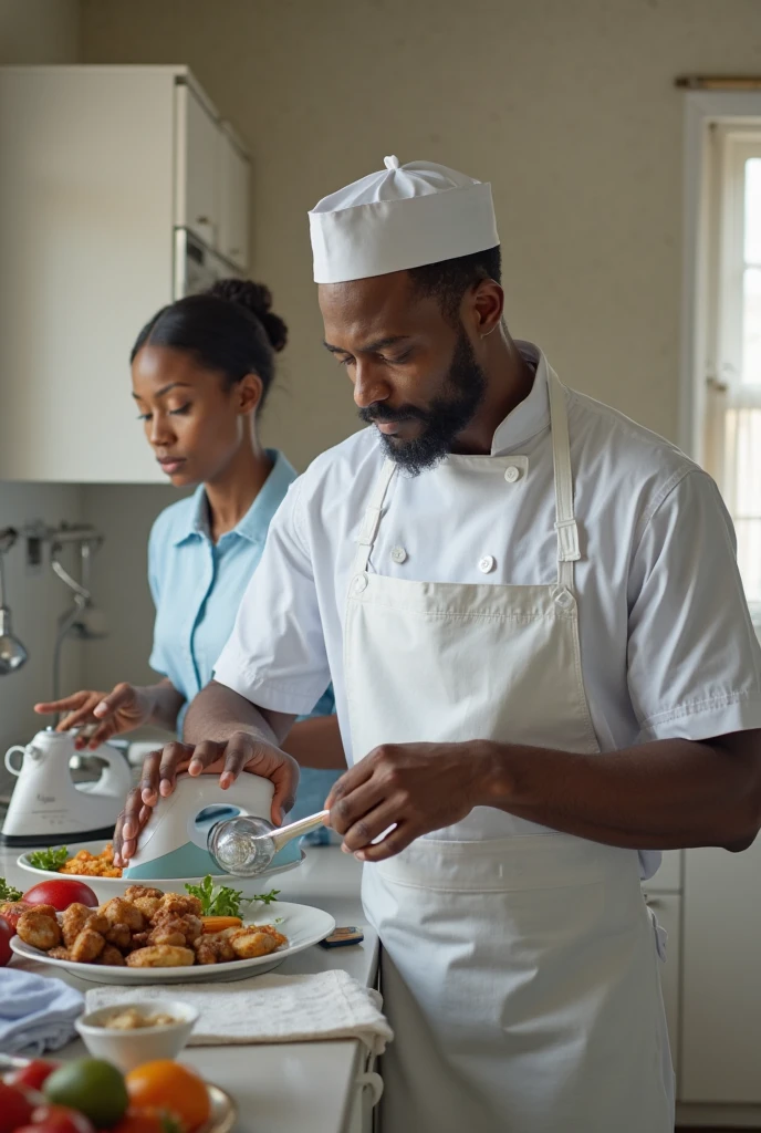 In the kitchen, a Nigerian female captain on camouflage and beret found Nnamdi, a Nigerian 35 years old man, wearing a pajamas preparing foodbreakfast. His eyes lit up when he saw her. "You’re up