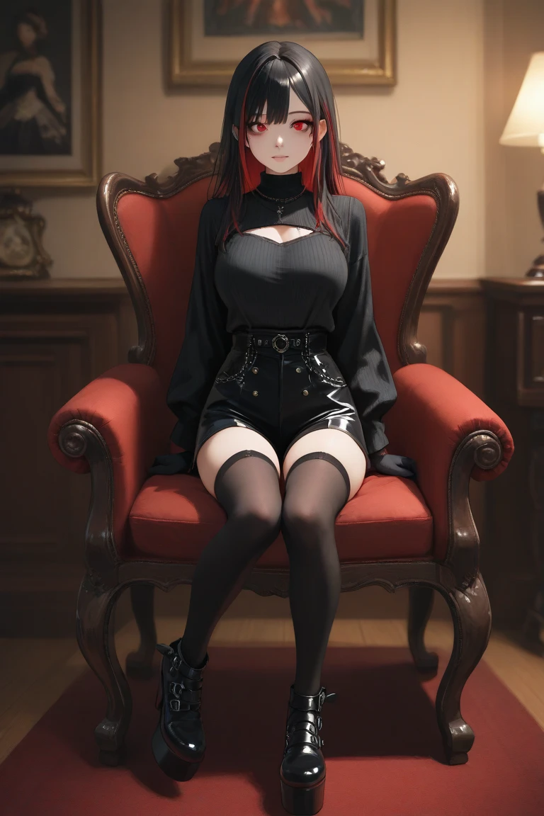 (obra maestra) (La mejor calidad) Una hermosa mujer pelirroja con cabello muy largo que fluye por su espalda, con un impresionante vestido de fiesta negro con escote en V. Ella lleva un par de pendientes de diamantes, un collar de oro fino y varios anillos en sus dedos. Ella lleva tacones altos de un rojo intenso. She is leaving her large mansion to go to an event. vendimia, vendimia, glamour (big breats)