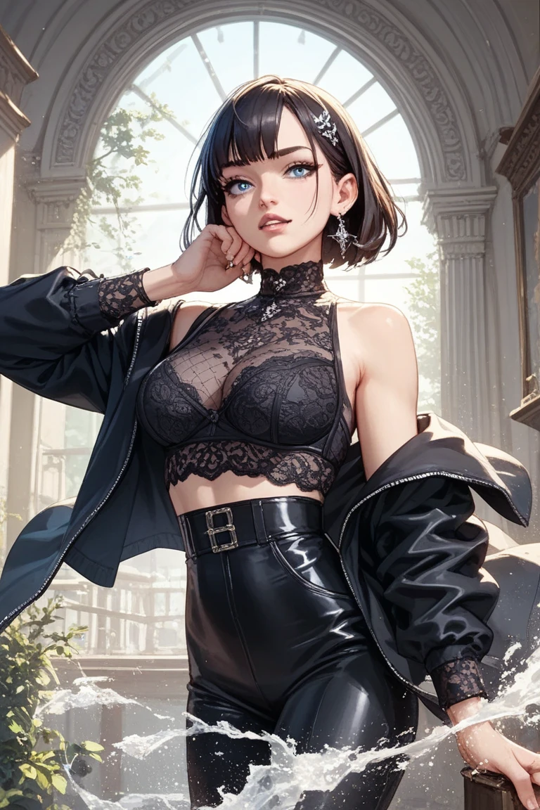 1girl,a beautiful fashion model ,(masterpiece, detailed background, best quality),short and shiny hair, black hair,smirk, lingerie, stripping, elegant makeup, exhibitionism, torn spiderman outfit, extravagant makeup, slender body
