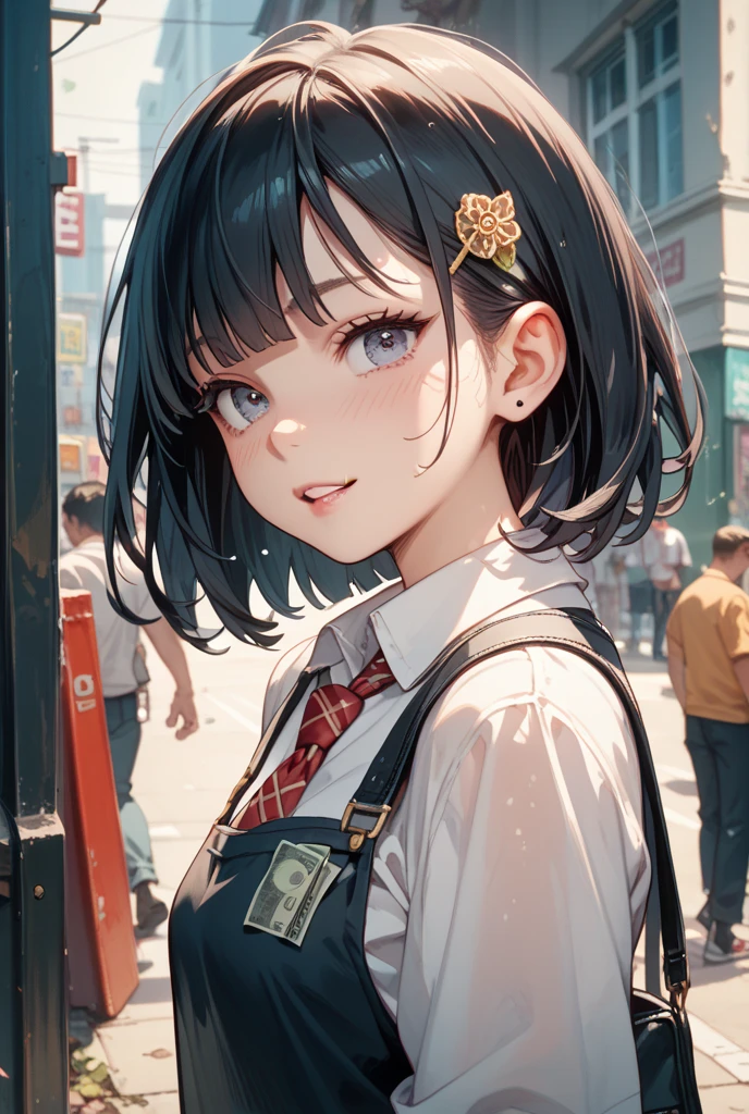 very cute and beautiful girl,(very detailed美しい顔), (smile),blush,black hair,Are standing,white blouse,ribbon,(pleated plaid mini skirt),from below,(white panties), summer,school rooftop,building,chain link fence, (highest quality,masterpiece:1.2),disorganized,High resolution,super detailed,very detailed,32K,8K resolution, intricate details,movie-like scene,detailed background,alone,dynamic angle,