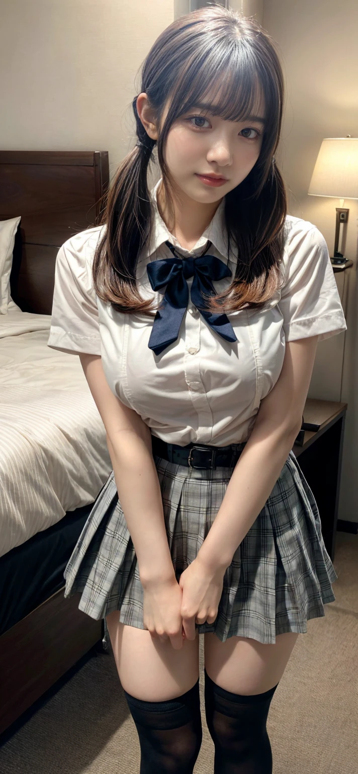 (8K, Raw photography, top-quality, masterpiece:1.2), master piece, best quality, illustration, Super detailed, fine details, High resolution, 8K,wall paper, perfect dynamic composition,(Details High quality, realistic depiction of eyes:1.3), ((1 girl, 1 schoolgirl)), The background is a luxury hotel room、High school girl uniform、Super Short Check Uniform Skirt、Navy blue high socks、garterbelts、Colossal tits、Disturbed uniform, Play with each other,Touching each other's bodies,Touching the body of the girl next door, short bob hair, black hair color, huge breasts, Big Natural Color Lip, bold sexy pose, (perfect body shape), crying a little、Beautiful makeup,glitter makeup,Cutest 18 years old, beautiful legs, hposing Gravure Idol, Voluptuous thighs