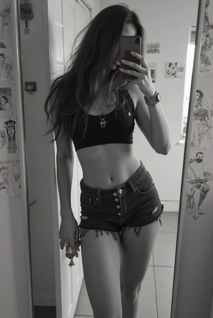 arafed woman taking a selfie in a bathroom mirror, her belly button is exposed, tiny black bra, belly button showing, beautiful midriff, 2 4 year old female model, sultry body with sexy belly, fit dainty figure, attractive body, tattooed body, half body cropping, with tattoos, fit pic, wearing bra, pierced navel