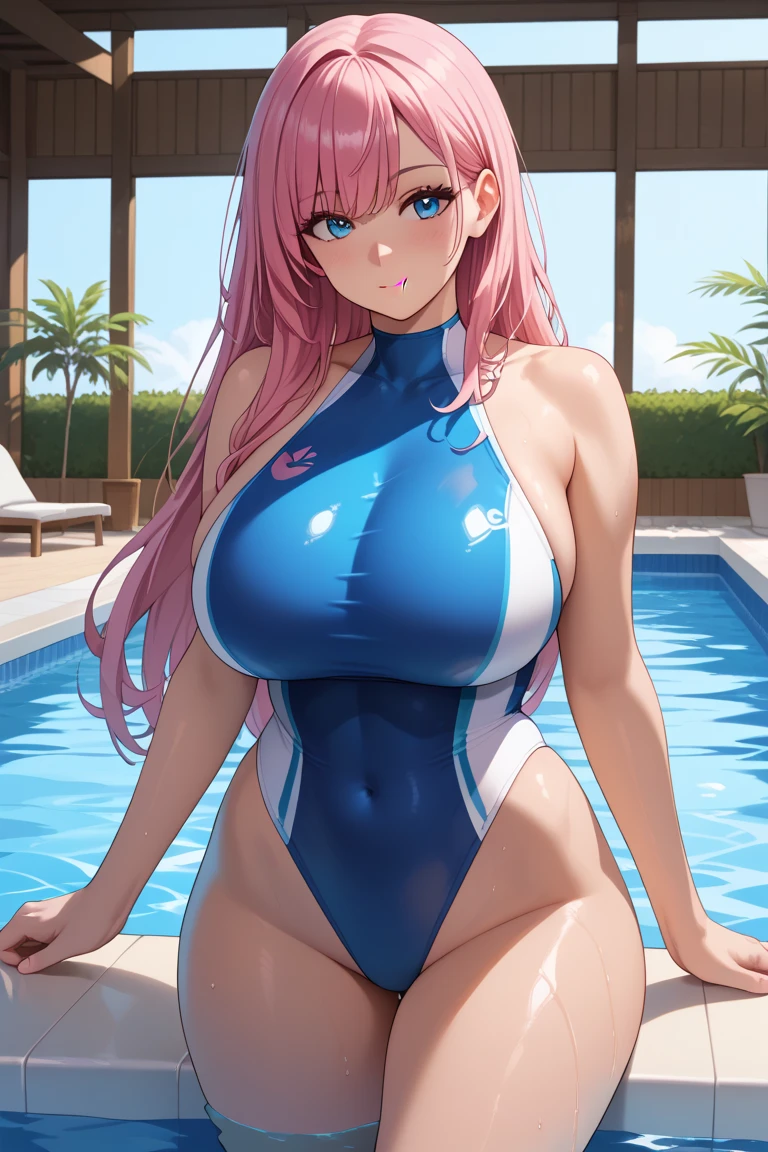 ultra detail, (((masterpiece))), official art, cinematic lighting, Lacus Clyne, attractive anime girl, 1girl, pink long hair, hair ornament, cute face, slender body, shiny skin, Big breasts that are about to burst, amazingly big breasts, well-shaped breasts, detailed breasts, smile, blush, NSFW:2.0, (((stylish swimwear))), (wet hair, wet skin), (((armpit))), focus on waist, Photographed up close, beach,
