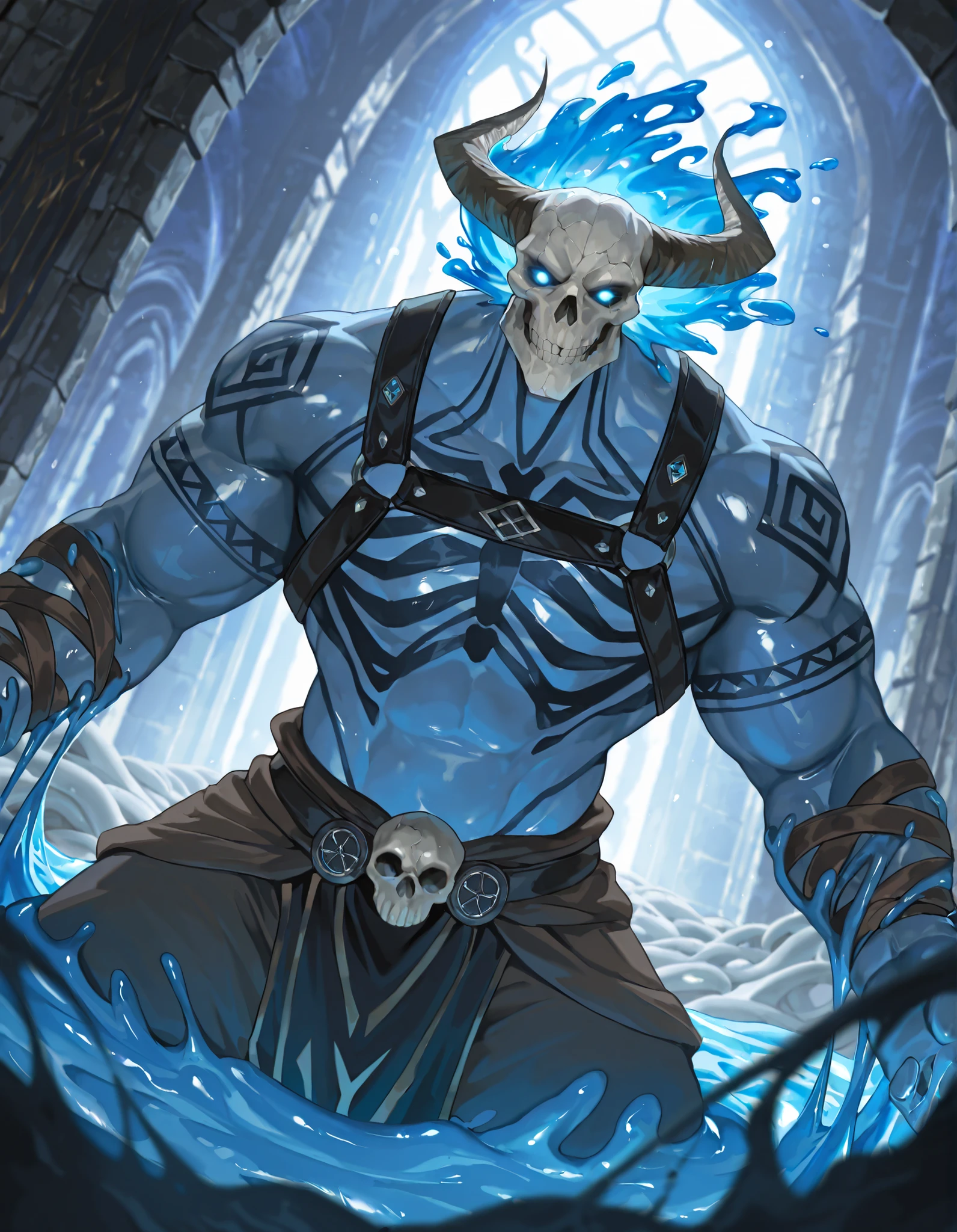 Expressiveh, cold stare, solo male, hungry, score_9, score_8_up, score_7_up, slime short hair, body made of slime, muscular, giant, goliath, slime of a brilliant turquoise blue tone, source_anime, haughty, slime in a form of a man, white shirt, harness, accessories, dark buggy pants, athletic, human like slime, goliath, stone skin, body tattoo, skeleton skull head, tentacles from the head, humanoid slime with a gelatinous shape, slime maintains a humanoid figure, athletic, powerfull, transparent body, capable of changing shape at will, glowing eyes, with a wise and calm look, reflects his maturity and experience, moves with a unique elegance, as if it were floating and gliding through the air, front view, calm expression, medieval fantasy, dungeon background, dramatic lighting, detailed background, depth of field, dynamic pose, detailed background, dynamic composition, dutch angle, detailed backgroud,