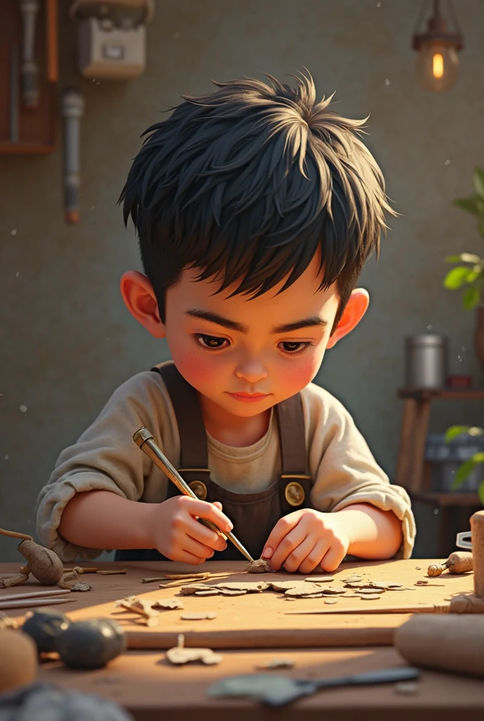 A cute with a fat mound,Sit in a fantasy forest full of green and purple hands,Inside with a brush and drawing at the drawing board,The blue-purple R is written on the drawing board.
