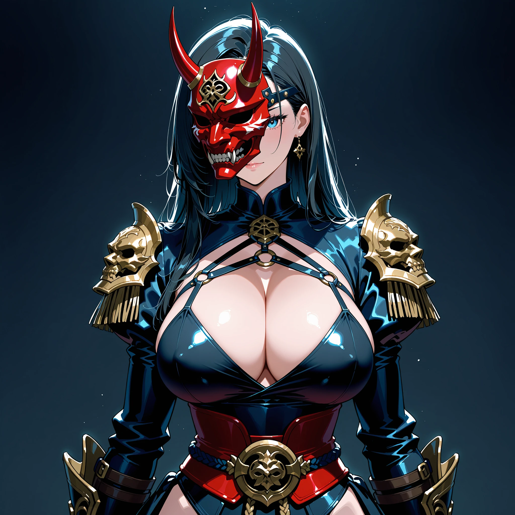 muscular woman in samurai armor stands and drinks blood. Use a samurai mask on half of your face. Make her naked and with heavy muscles. Change her face to Albedo&#39;s face from the anime "master". hyper realistic realistic texture, dramatic lighting,extremely detailed eyes, detailed symmetrical realistic face, extremely detailed natural texture, masterpiece,Photo film Nikon D850, Kodak Portra 400 F1 camera.6 lenses, extremely detailed, amazing, Fine detail, rich colors,I look at the viewer in full growth, photo realistic, RAW photo, high quality, a high resolution, Sharp Focus, extremely detailed, cinematic lighting, 8k contract, AB, Best quality, masterpiece, ultra high resolution, (photorealistic:1.4), 1 girl,Best quality, masterpiece, ultra high resolution, (photorealistic:1.4), 1 girl,(((black tail, Blue eyes, hair between eyes, light tan of the skin))) eyeshadow, dark mascara.