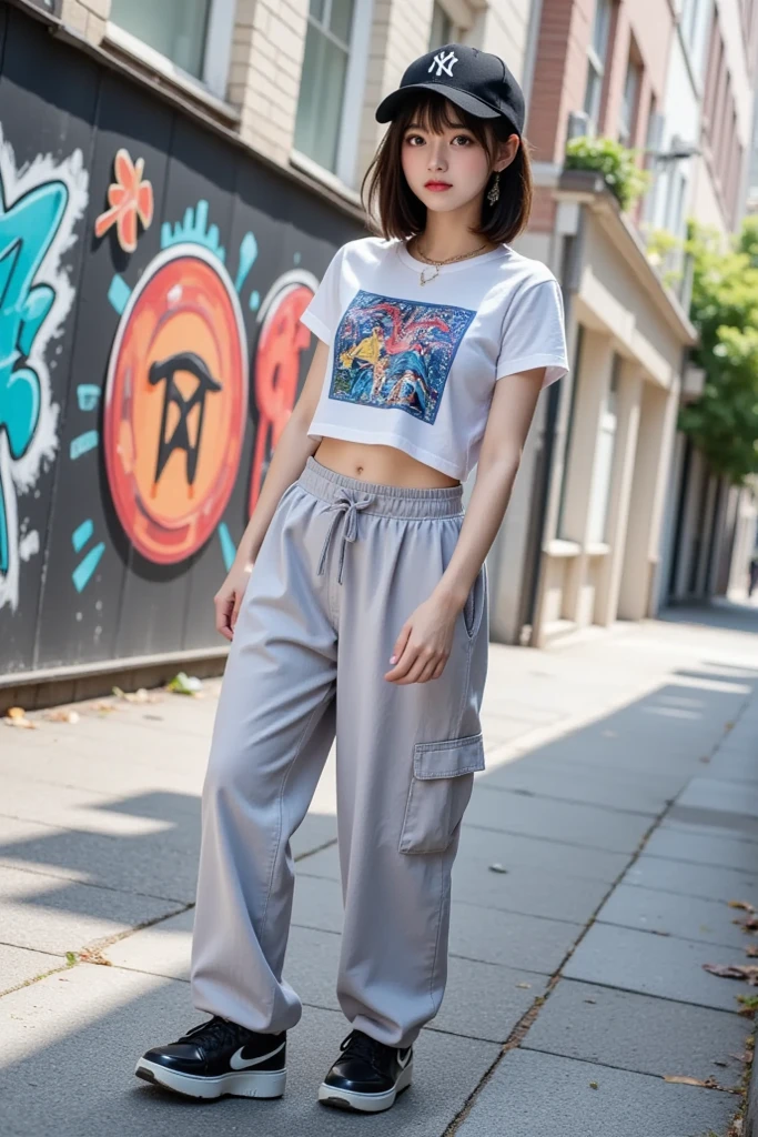 ((masterpiece,best quality;1.3,best illustration)),19 year old beautiful idol, Full color drawing of 힙합, Loose pants, crop top, lab (((graffiti art) (karen griffith))), crazy details, intricate details, hyper detail , low contrast, Cinematic Soft Light, Exposure Blending, HDR, front, unique style, album jacket, Araped woman with tattooed stomach standing on railing, her belly button was exposed, physical : The smallest diaphragm ever, she wears street clothes, full body image, Profile picture,