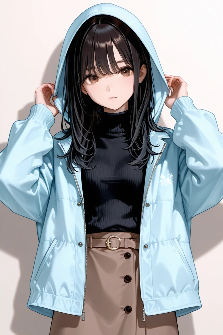 (short cute girl，small young student，young delicate girl）,（masterpiece，Top quality)，Pastel hoodies，long black hair, sea of trees