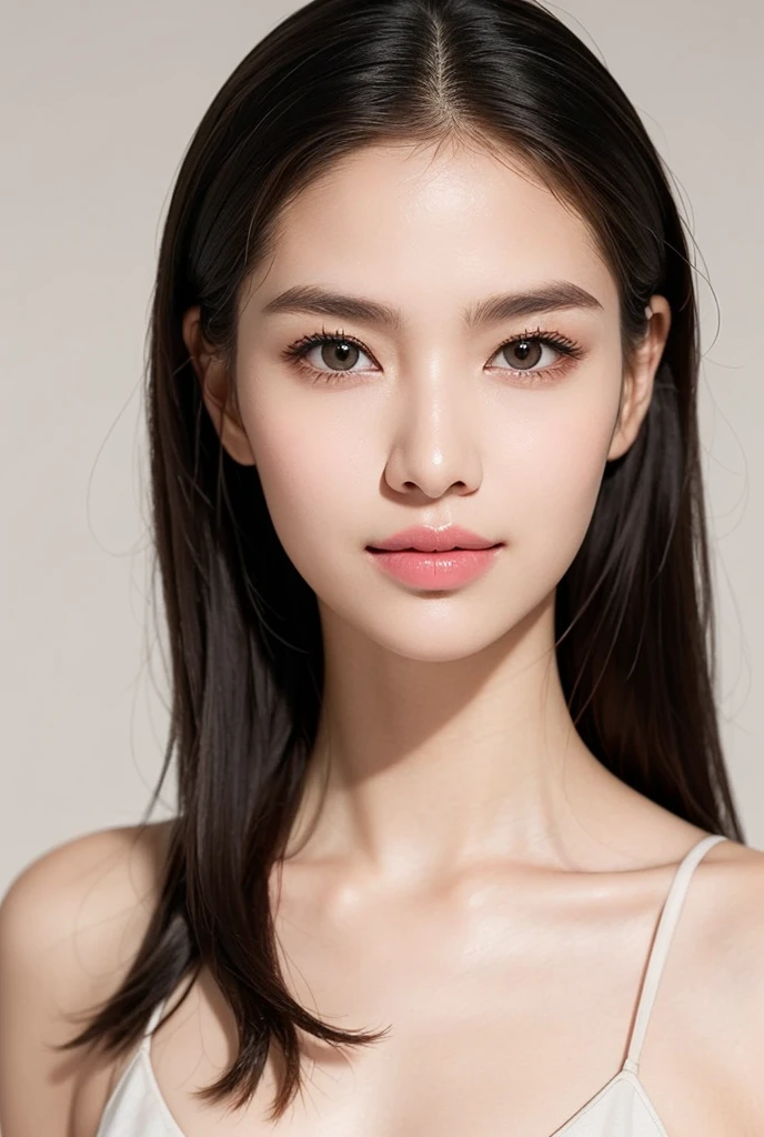Create a (( mid-shot )) photorealistic image of a beautiful Asian woman with fair, smooth, flawless skin. She has large, round, sparkling eyes with naturally long and curled eyelashes, and well-defined, dark eyebrows. Her nose is straight and high, and her naturally pink, soft lips form a gentle smile. She has short, slightly curled brown hair that highlights her delicate facial features. Her face is oval-shaped, with a wide and high forehead, moderately high cheekbones, and a pointed, slender chin. She is wearing a white bra that complements her elegant and feminine appearance. (( waist to top))