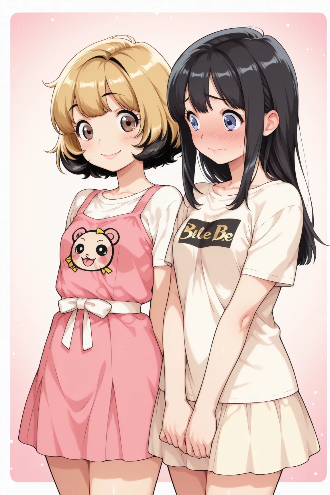 two girl , girl A and B , Harajuku fashion , mode de style harajuku , {{{ girl A: blue eyes , gold hair ,  happy,}}} , {{{ girl B:   brown eyes , black hair ,embarrassed,}}}