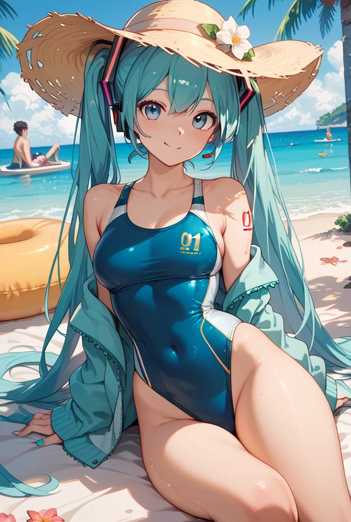 ultra detailed, Hatsune Miku, photorealistic, cinematic lighting, (blue green long hair, twin tails), beautiful style, fair skin, beautiful charming anime woman, (full body), masterpiece portrait, smile, shining blue eyes, (((NSFW))), (((Stylish high leg swimsuit))), sandy beach,