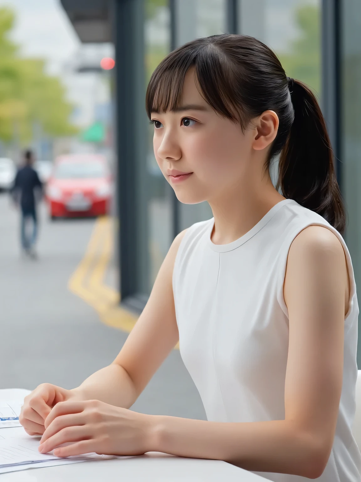 The age is different2elementary school girls walking along the sidewalk on the main road on the way to school in the morning, Has long hair and is wearing a white leotard swimsuit, Sit at a desk in the TV studio