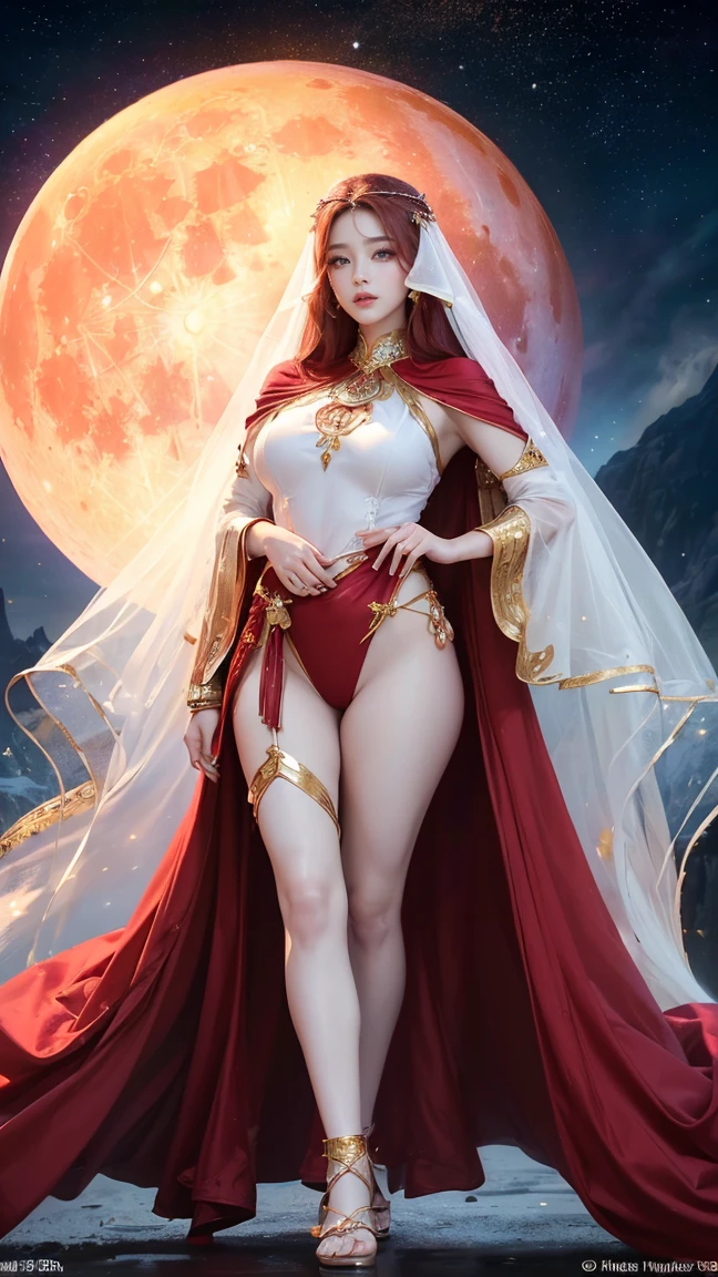 Girl, scarlet red and gold dress, topless, scarlet red hair, tiara, glove, chokes, scarlet red long sleeves, scarlet red veils, ear wear, detailed hand, oval face, detailed face, smile, picture form top to knee, sexy pose, large breasts, look at camera, camera from top, detailed, night, moon, dim lighting, forest background, photorealistic, best quality