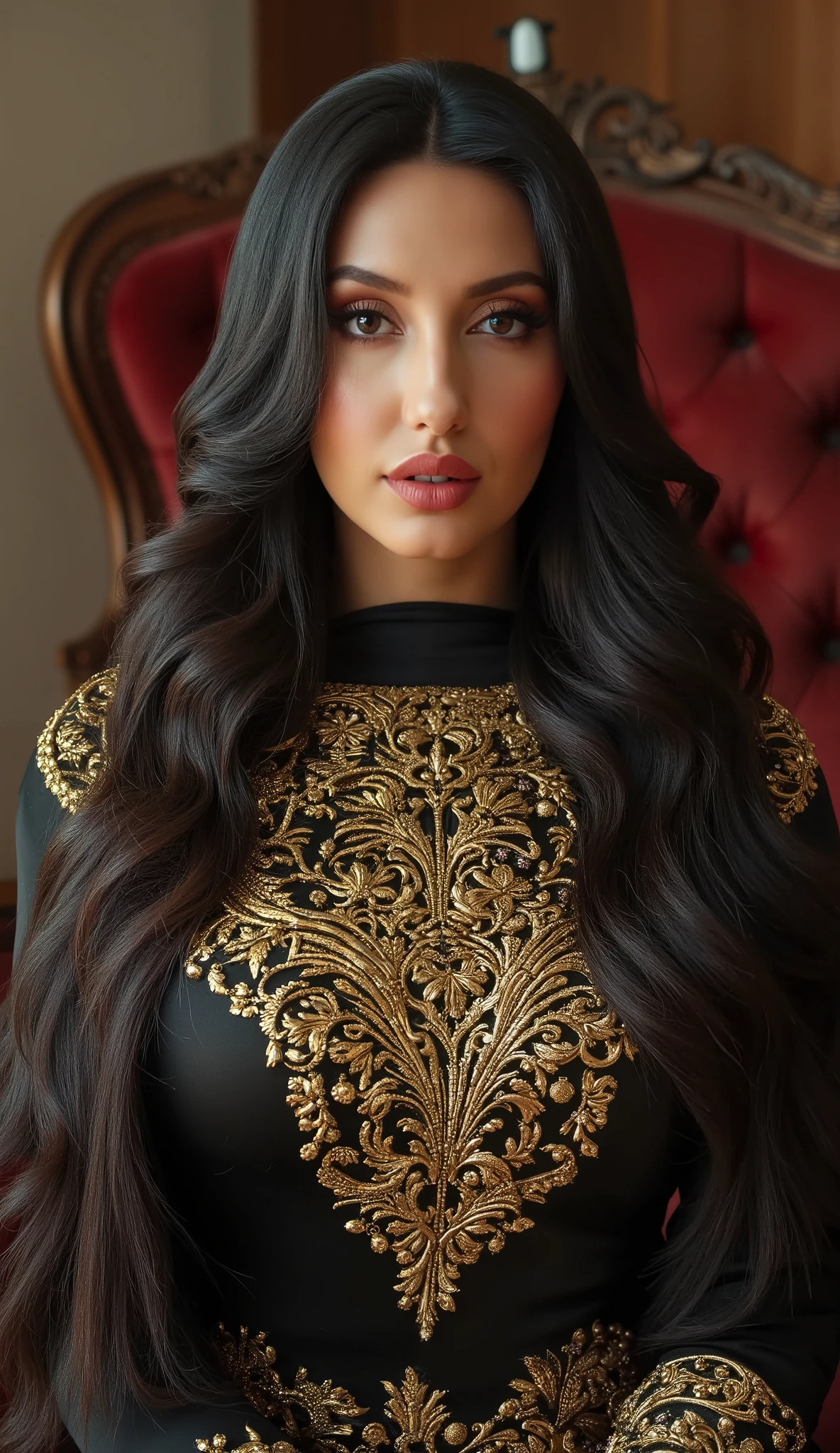 Sexy photo of noraf, massive round , straight hairs, black (satin) sexy abaya full of golden embroidery, lots of jewellery, horny Arabic style luxury living room, bold and seductive pose, evil and seductive expressions, looking at viewer with lust, nsfw, super detailed, makeup, gothic facial makeup, lipstick, 8K, real image, summer afternoon