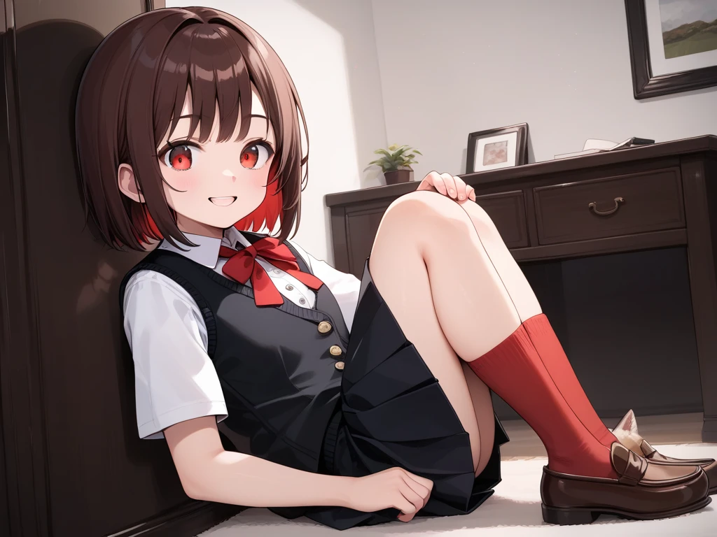 Highest quality, masterpiece, High resolution, (Head to Toe full body), front, frontやや下からの構図, Symmetric, Tall 18 year old girl, alone, (Head to Toe), (Small breasts), disheveled brown hair, bangs, (black tights), (Black Pantyhose), (Sit with your legs apart), (Crouching pose), (Composition showing white panties), (She has her legs spread and her white panties are visible.), (Sit on the floor with your legs spread), (M-shaped foot), Thin legs, とても美しくTall 18 year old girl, (No shoes), blush, Shy big eyes, Looking into the camera, Blazer uniform, Checkered Pleated Skirt、Megumin