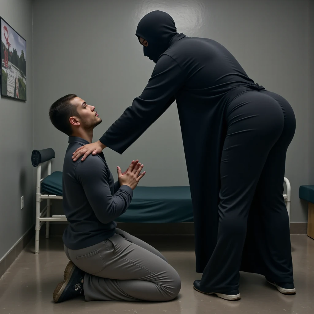 a desperate arabic woman in a glossy plastic-abaya is carrying a naked guy to a pvc-sheeted hospital-bed, a crying arabic woman in a wetlook high-shine pvc-coat carries a consciousless shorthaired man inside a hospital, a terrified arabic woman in a wet and shiny latex-abaya is holding a consciousless and naked man in her arms inside a hospital, affection pose, lecherous action pose, dramatic action pose, theatralic pose, an arabic woman that is carrying a shorthaired man that wears matte cotton clothes, there is a beautiful arabic woman in a shiny latex-abaya who is carrying a shorthaired man in her arms, a arabic beautiful woman in a high-shine pvc-abaya, an arabic woman in a shiny raincoat, an arabic woman is carrying a shortheaded man who is wearing matte cotton shorts, a weak man in matte cotton shorts is consciousless and needs to be carried, a shortheaded man with closed eyes and matte cotton clothes is helplessly carried in the arms of an arabic woman, an arabic woman looks very scared and terrified, a consciousless man with closed eyes is suffering very much and has a very painful face, photo, photo shoot, photographed , accident, help, aid, first aid, pity