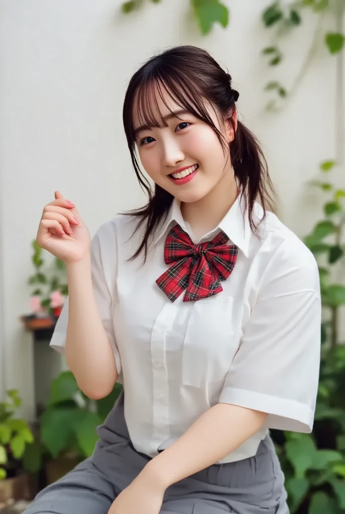 photorealistic, (1 girl, parted bangs, smile, open mouth, looking at viewer, small breast, medium wide hips, white shirt, red tie, black vest, red skirt, from knee to head, AIDA_LoRA_MomoS, AIDA_LoRA_rei2009)