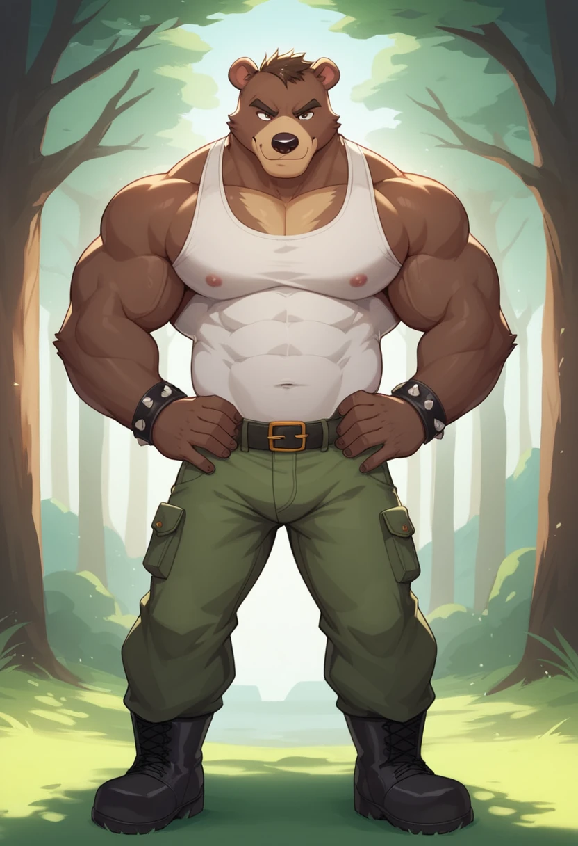 A muscular furry bear with an imposing and charismatic appearance. This anthropomorphic bear combines human and bear characteristics, highlighting his strength and powerful presence.
Physical Characteristics:
Facial features:
Friendly face but with marked and defined features.
Expressive light brown eyes, with a confident and warm look.
Prominent snout with a shiny black nose.
Ears rounded and slightly inclined forward.
body:
Robust and athletic body structure, with clearly defined muscles in arms, Chest and abdomen.
Broad shoulders and an upright posture that highlights your physical power.
Short, dense dark brown fur, with some lighter areas around the chest and belly.
Visible but non-intimidating claws on hands and feet.
Clothes and accessories:
He is wearing a sleeveless shirt that exposes his muscular arms., dark gray.
Military green cargo pants, tight but comfortable.
Durable black boots.
A belt with a large silver buckle.
He wears a leather bracelet on his left wrist..
context:
The background shows a natural environment, possibly a forest, with tall trees and a clear sky.
Sunlight passes through the leaves, creating a play of lights and shadows on the character.
The bear is standing, with one hand on the hip and the other raised in greeting or welcome.
Possible Expression and Attitude:
The bear has a friendly and confident expression, with a light smile that shows his approachable nature despite his imposing appearance.
Body posture reflects confidence and openness, suggesting that he is protective and friendly.