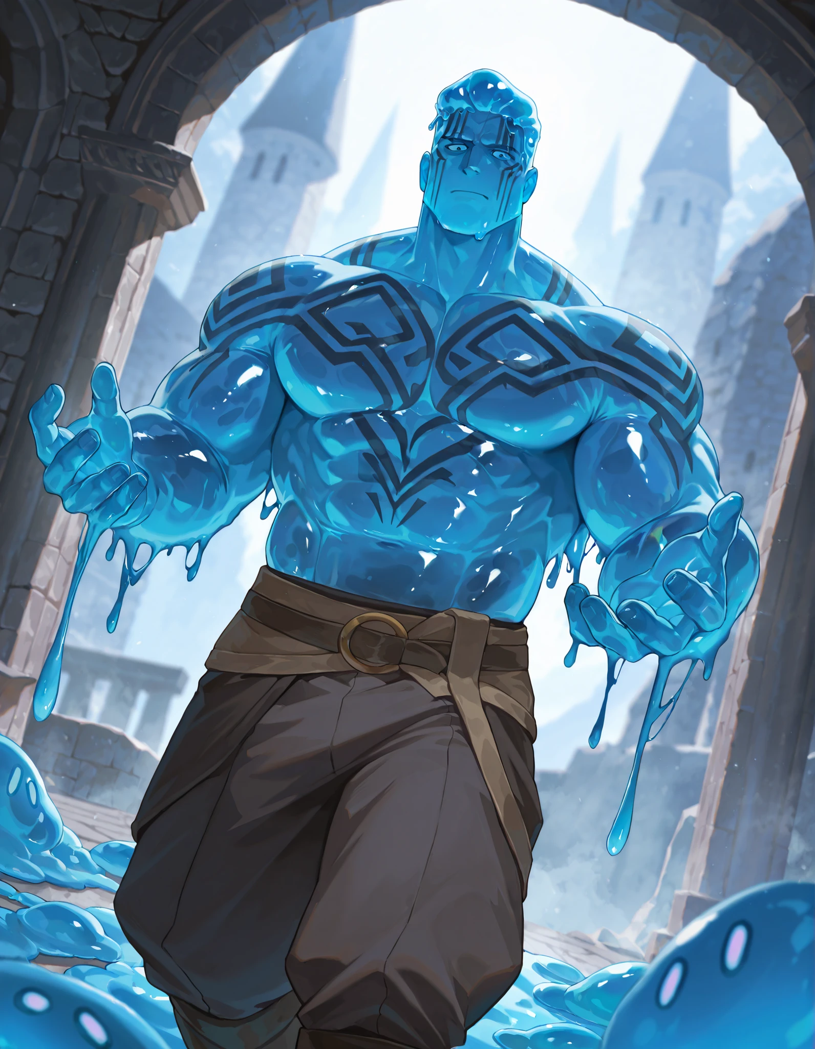 Expressiveh, cold stare, solo male, hungry, score_9, score_8_up, score_7_up, slime short hair, bara, body made of slime, muscular giant, goliath, of a brilliant turquoise blue tone, source_anime, haughty, slime in a form of a bulky man, dark buggy pants, athletic, perfect face, human like slime, goliath, stone skin, body tattoo, face tattoo, humanoid slime with a gelatinous shape, slime maintains a humanoid figure, athletic, strong and short, powerfull, transparent body, capable of changing shape at will, large eyes of an intense violet color, with a wise and calm look, reflects his maturity and experience, moves with a unique elegance, as if it were floating and gliding through the air, front view, calm expression, medieval fantasy, dungeon background, dramatic lighting, detailed background, depth of field, dynamic pose, detailed background, dynamic pose, dynamic composition,dutch angle, detailed backgroud,