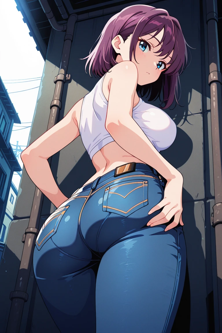 ((1 girl)), ((1 girl and 1 boy are having sex)), penis, 1 face, standing doggy style, (from behind), looking back, (girl in skinny tight navy jeans), (long jeans), (navy jeans), slim, slender, 17 years old, (short bob cut), ((black hair)), nose blush, full opened eyes, round mouth, drool, orgasm, (topless), ((pink nipple)), penis in pussy, cum in pussy, (((embarrassed))), hard sweat, big ass, ahegao, detailed face, blue eyes, pink apron, lean on wall, Asian, hand on pussy