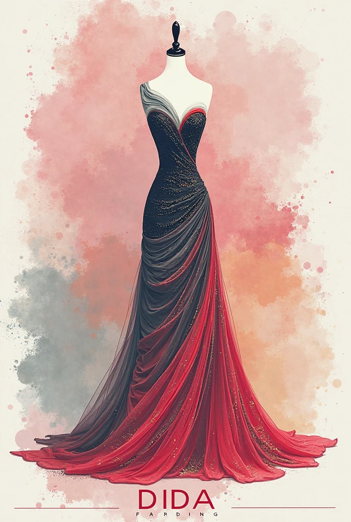 White dress that has no sleeves or straps and the neckline is completely open. The garment fits the torso, shaping the waist and large layers of fabric fall down the legs until reaching the feet covered by red sandals in the back. The outfit is slightly longer due to a small tail that accompanies it. Painted with large, disproportionate and asymmetrical flowers in red and black, it is elegant. 