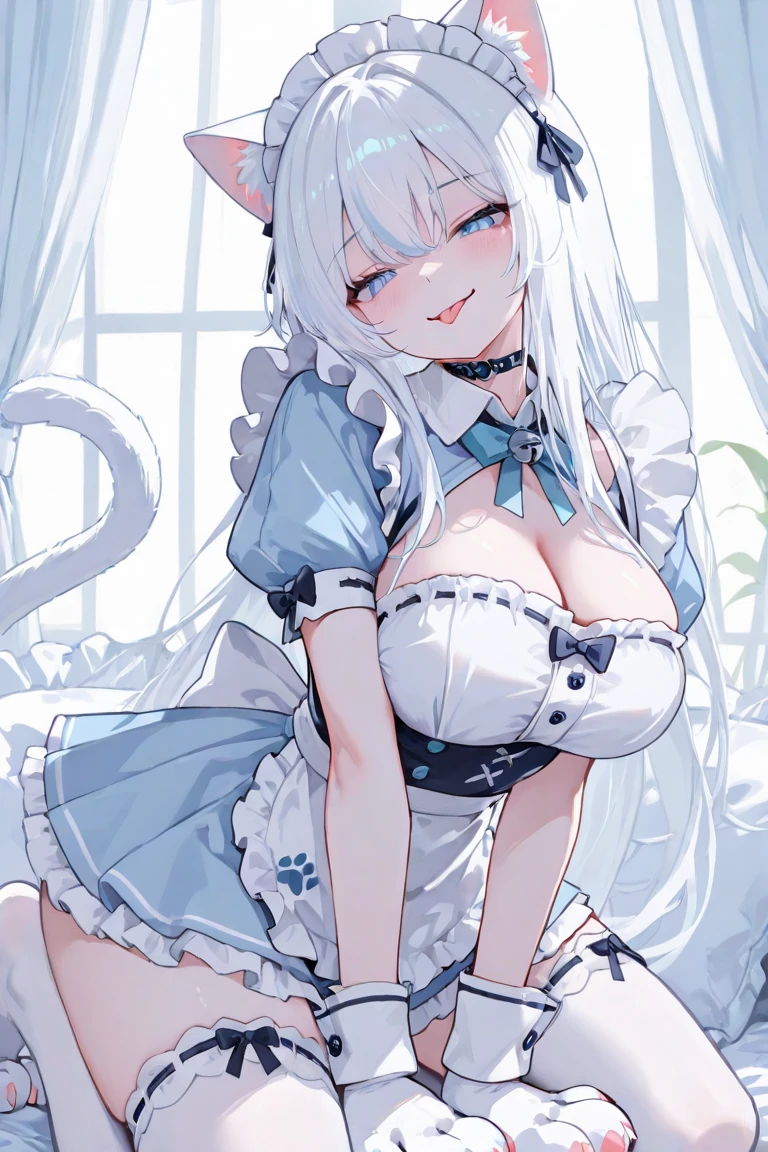 Best quality, 1 girl, white hair, cat ears, ponytail, blush, (huge breasts:1.3), maid, white stocking, no shoes, cute